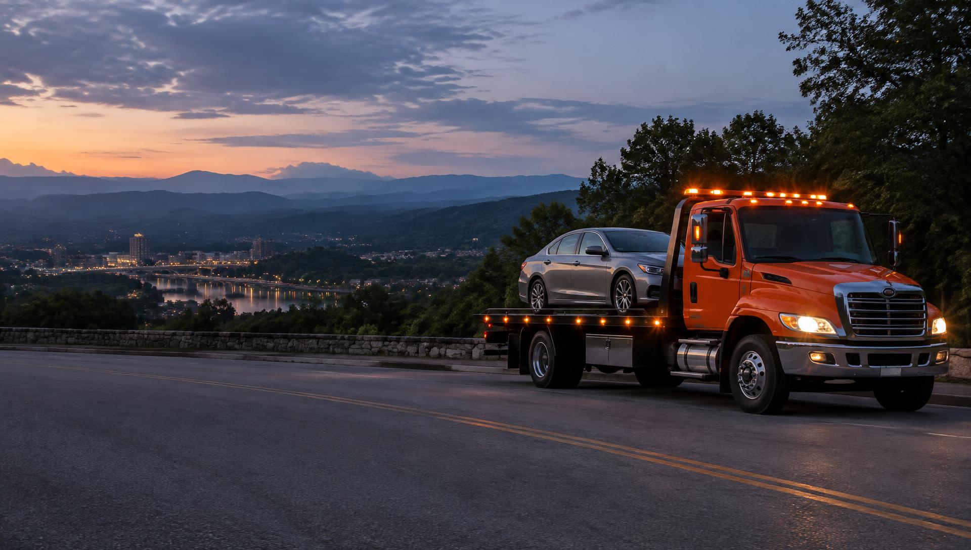 Orange flatbed tow truck carrying a car on a Tennessee roadside at dusk